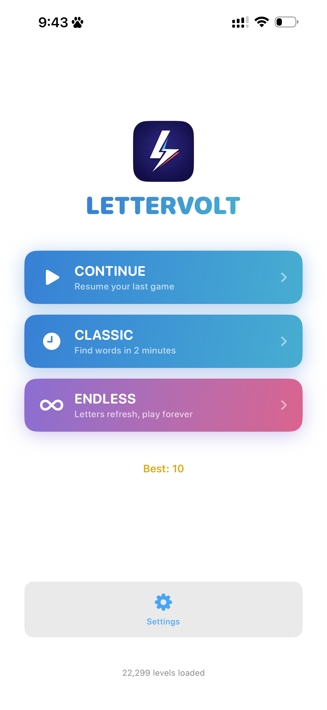 Lettervolt main menu showing Classic and Endless mode buttons