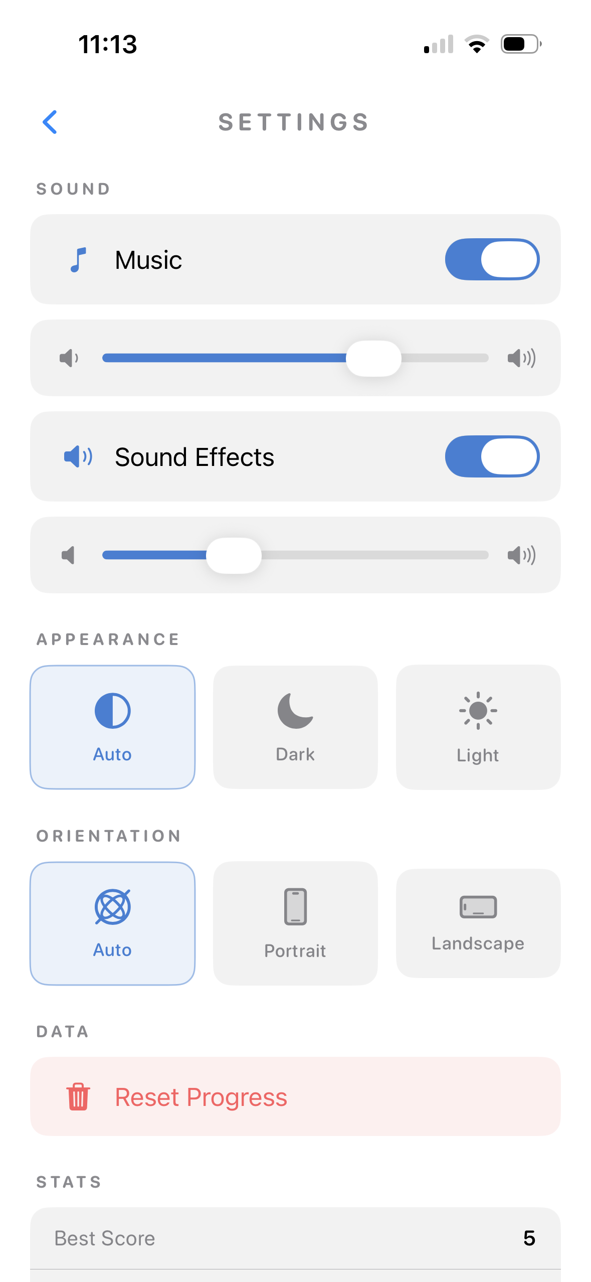 Lettervolt settings screen with sound, appearance, and orientation options