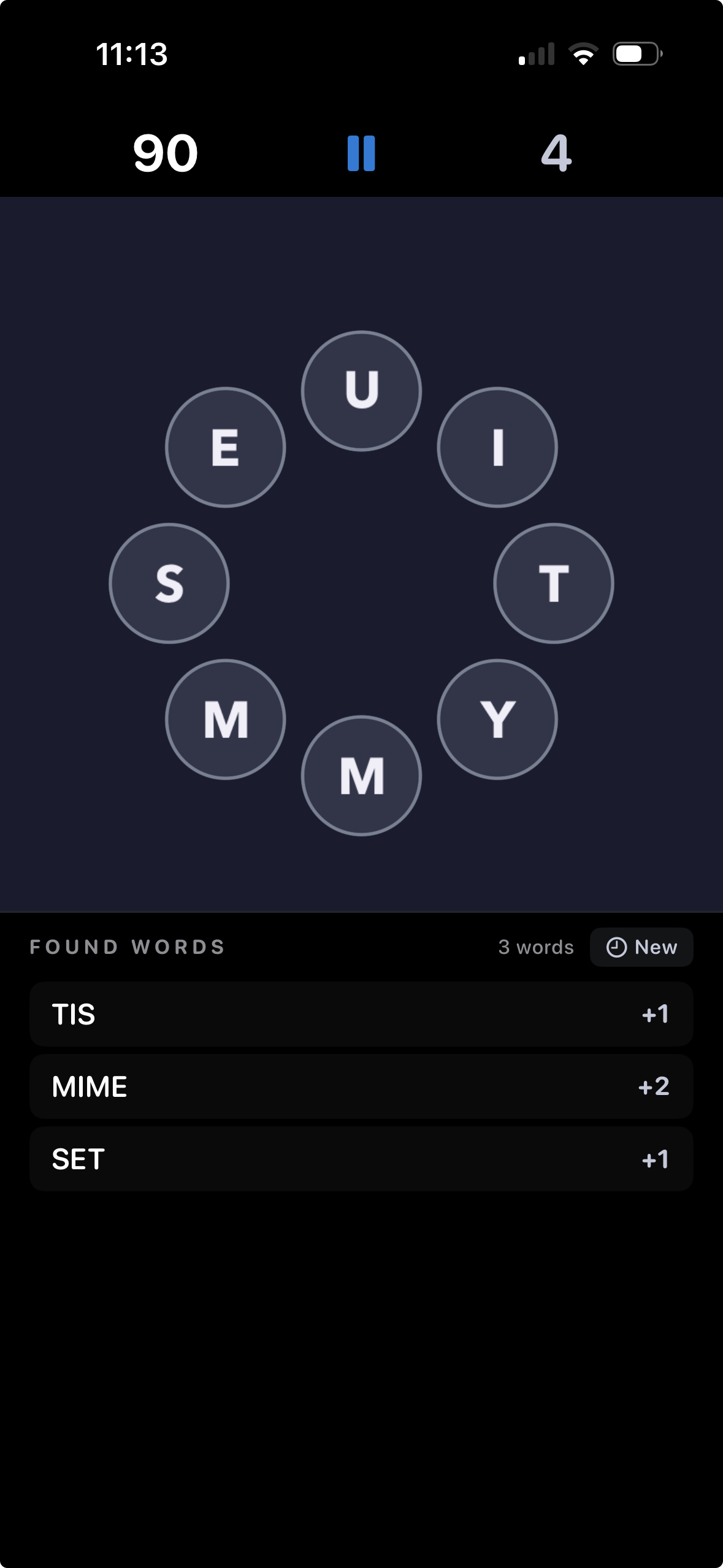 Lettervolt gameplay in dark theme with 8 letters arranged in a circle and found words list